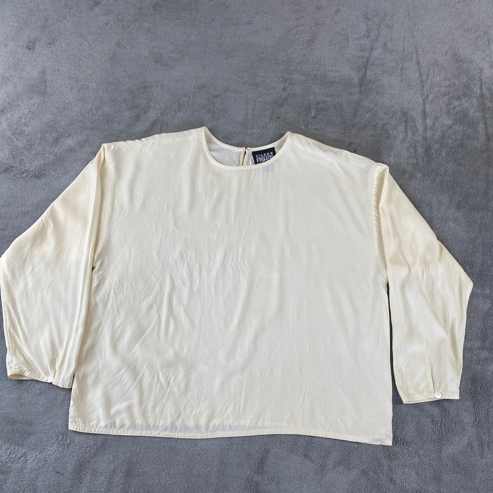 Vintage Eileen Fisher Blouse Women 2 Cream 100% Silk Boxy Long Sleeve Top Office